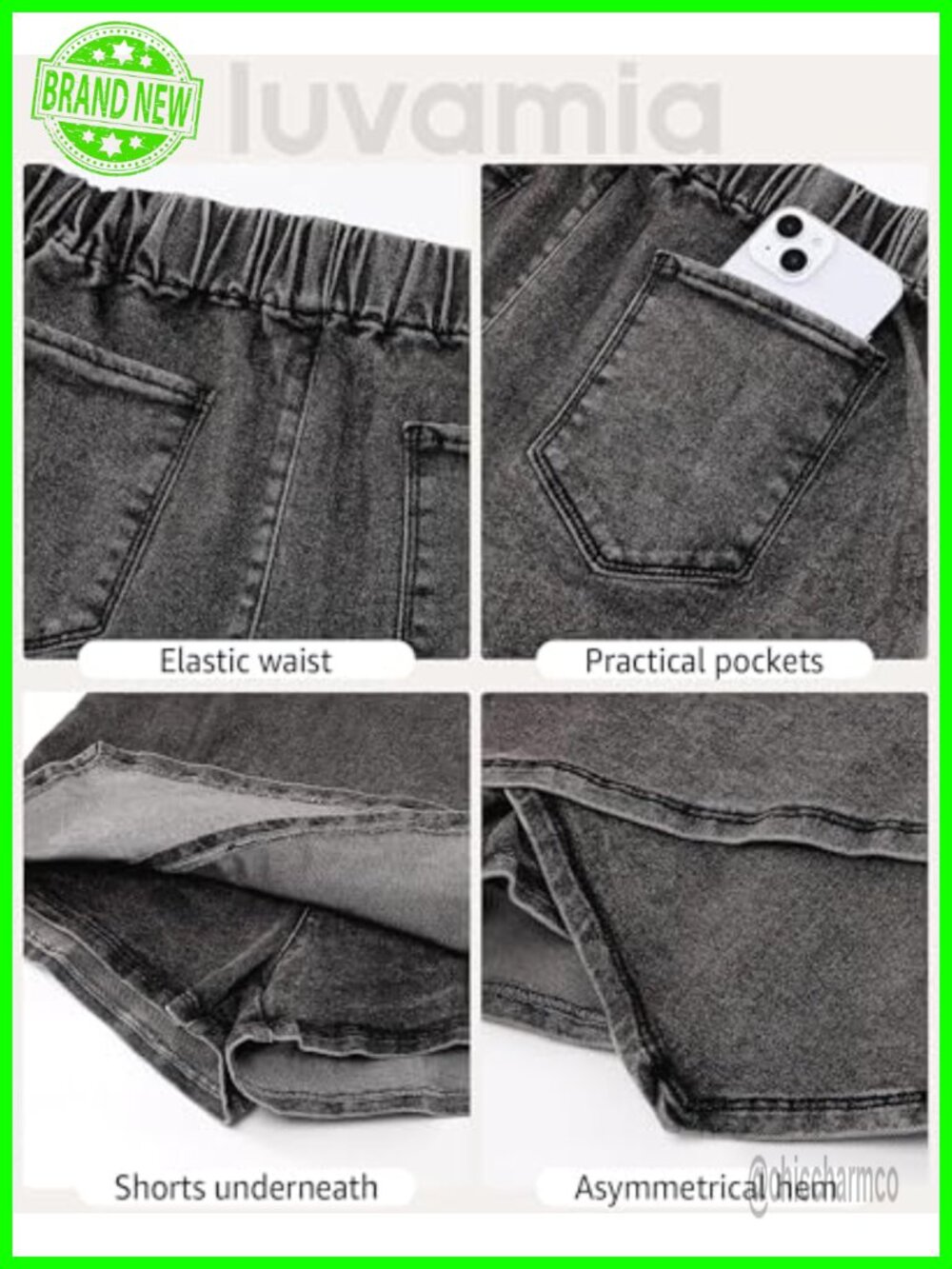 Denim Skort with Pockets - High Waisted Pull On Wrap Skort - Picture 4 of 6